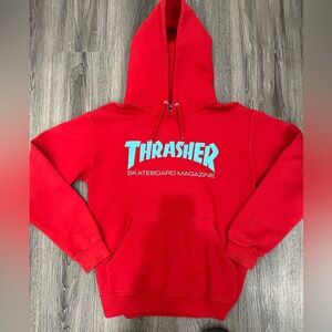 Thrasher Red Hoodie with Blue Logo
